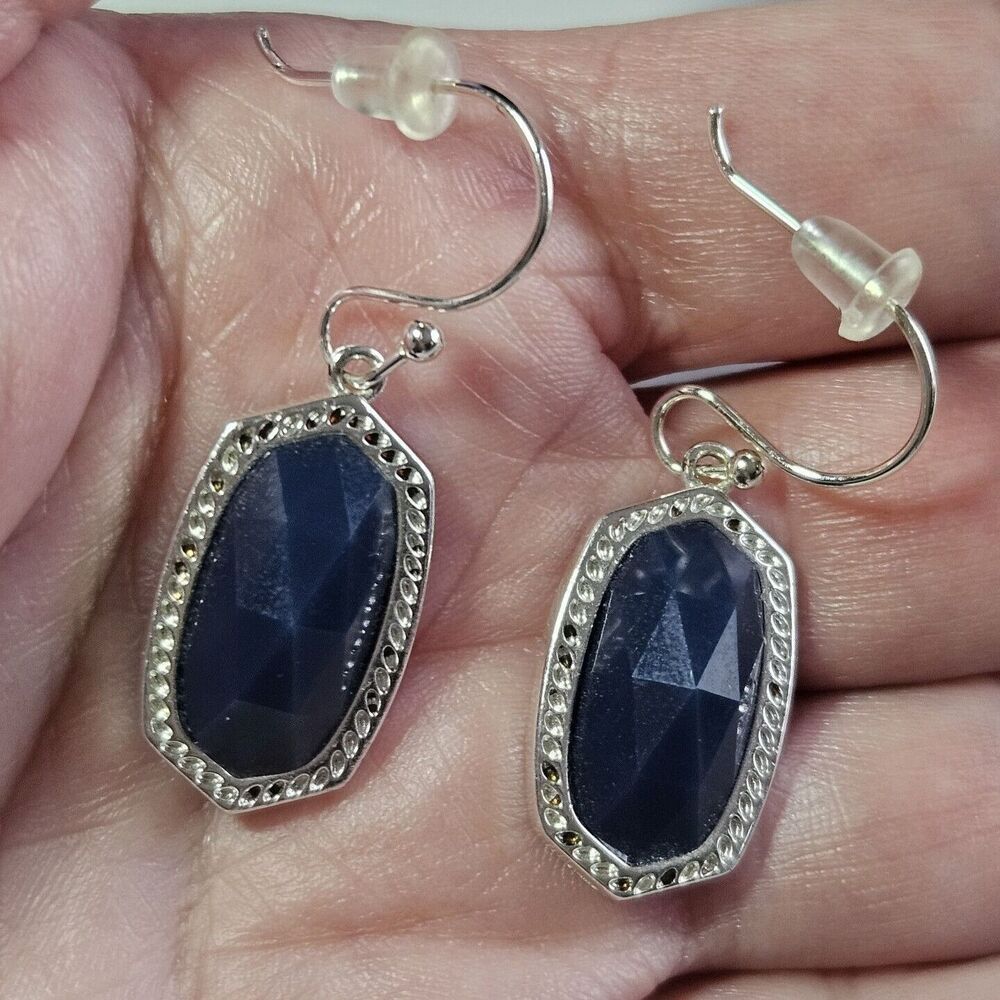 Silver Tone And Blue Hexagon Shaped Dangling Earrings